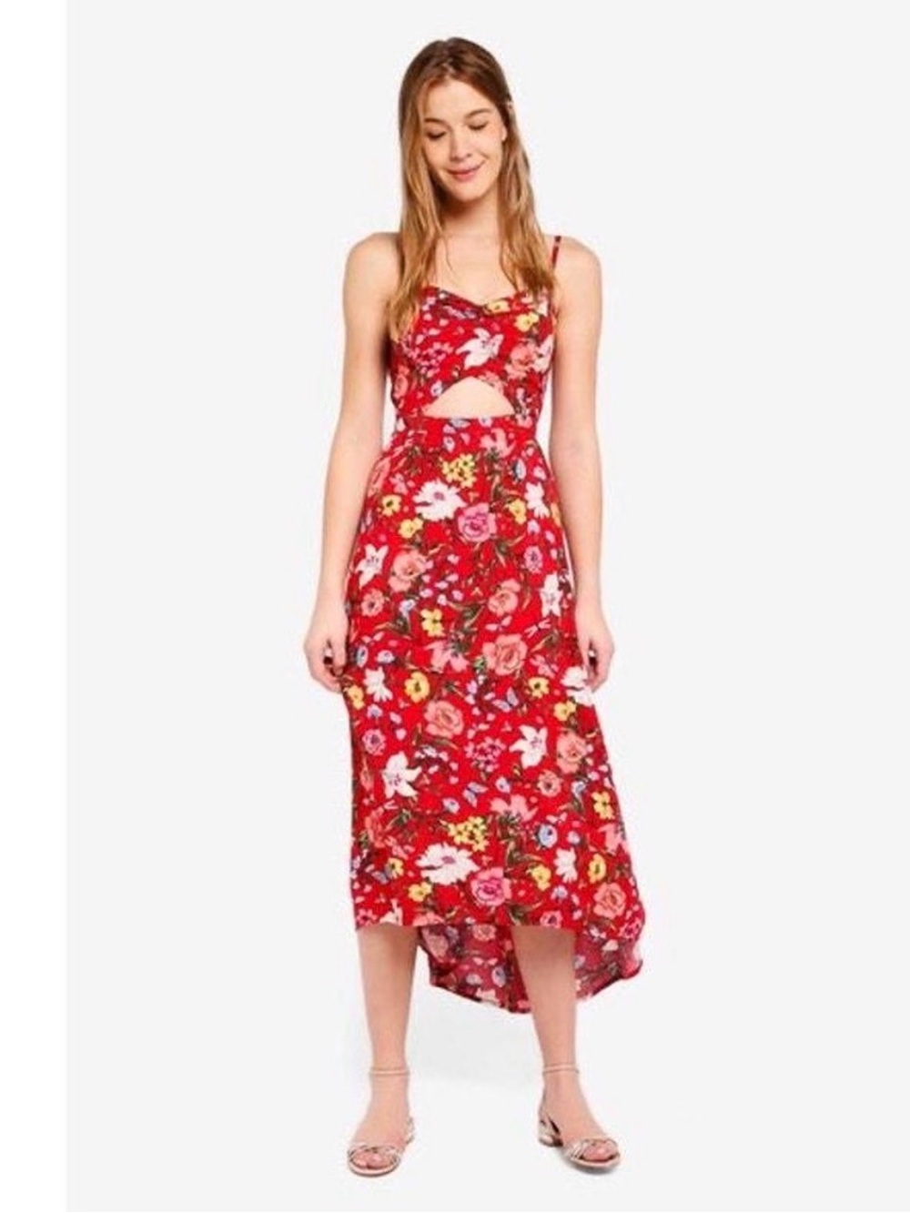 Hollister Red Floral High-Low Cutout Midi Dress